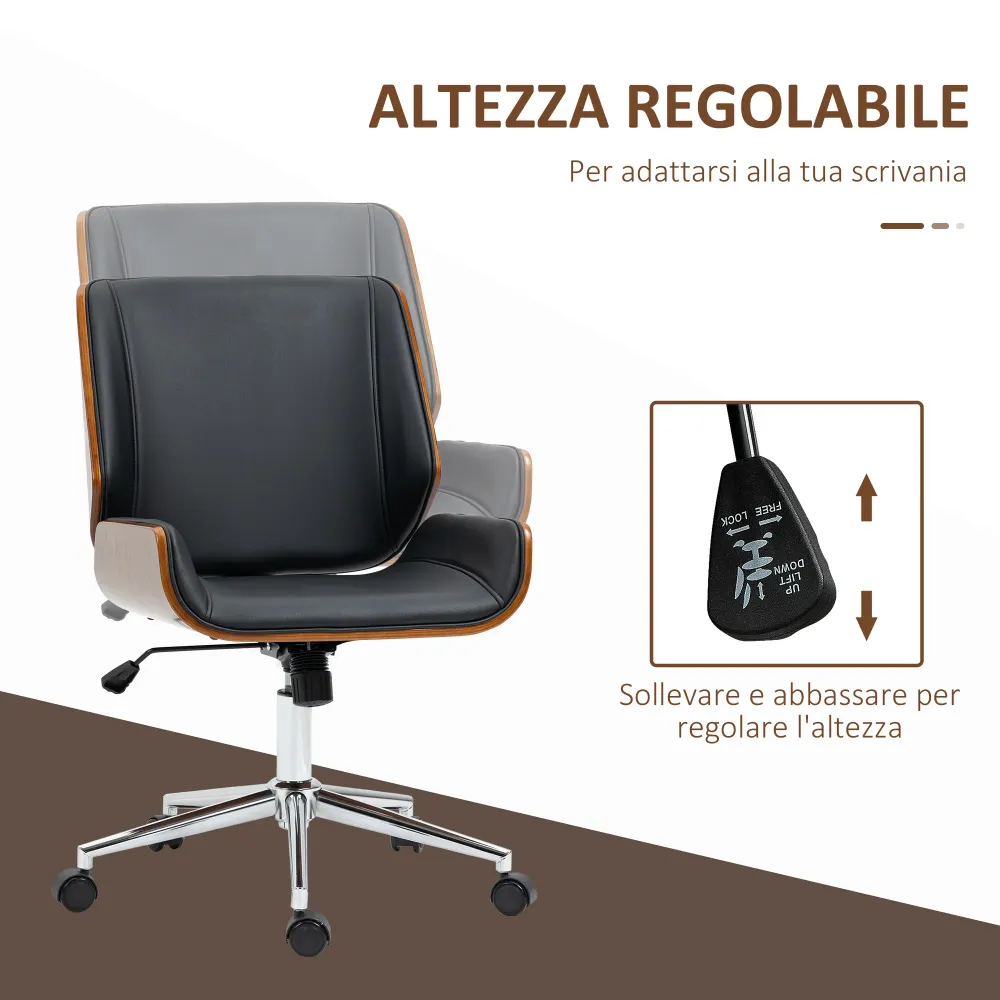 Sedia da Ufficio Design Vintage Imbottita Finta Pelle Struttura Legno di Pioppo Nero e Marrone Scuro