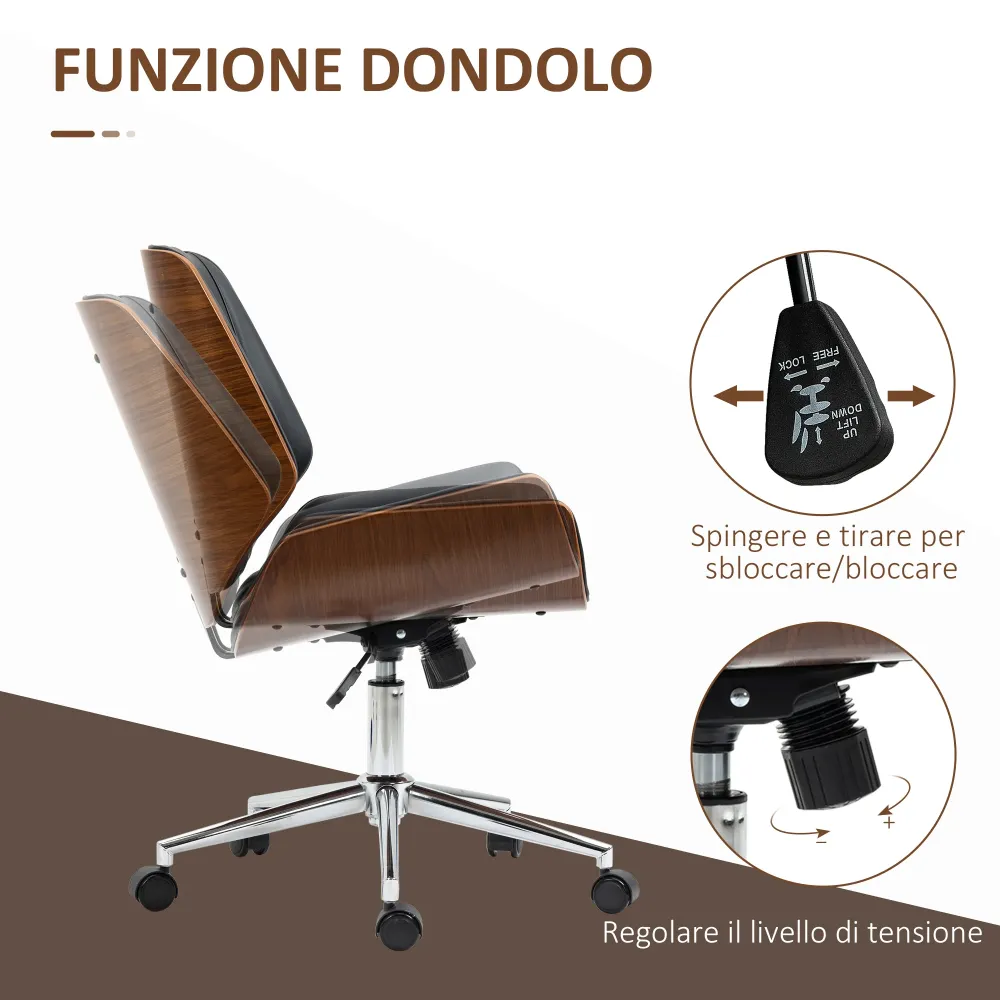 Sedia da Ufficio Design Vintage Imbottita Finta Pelle Struttura Legno di Pioppo Nero e Marrone Scuro