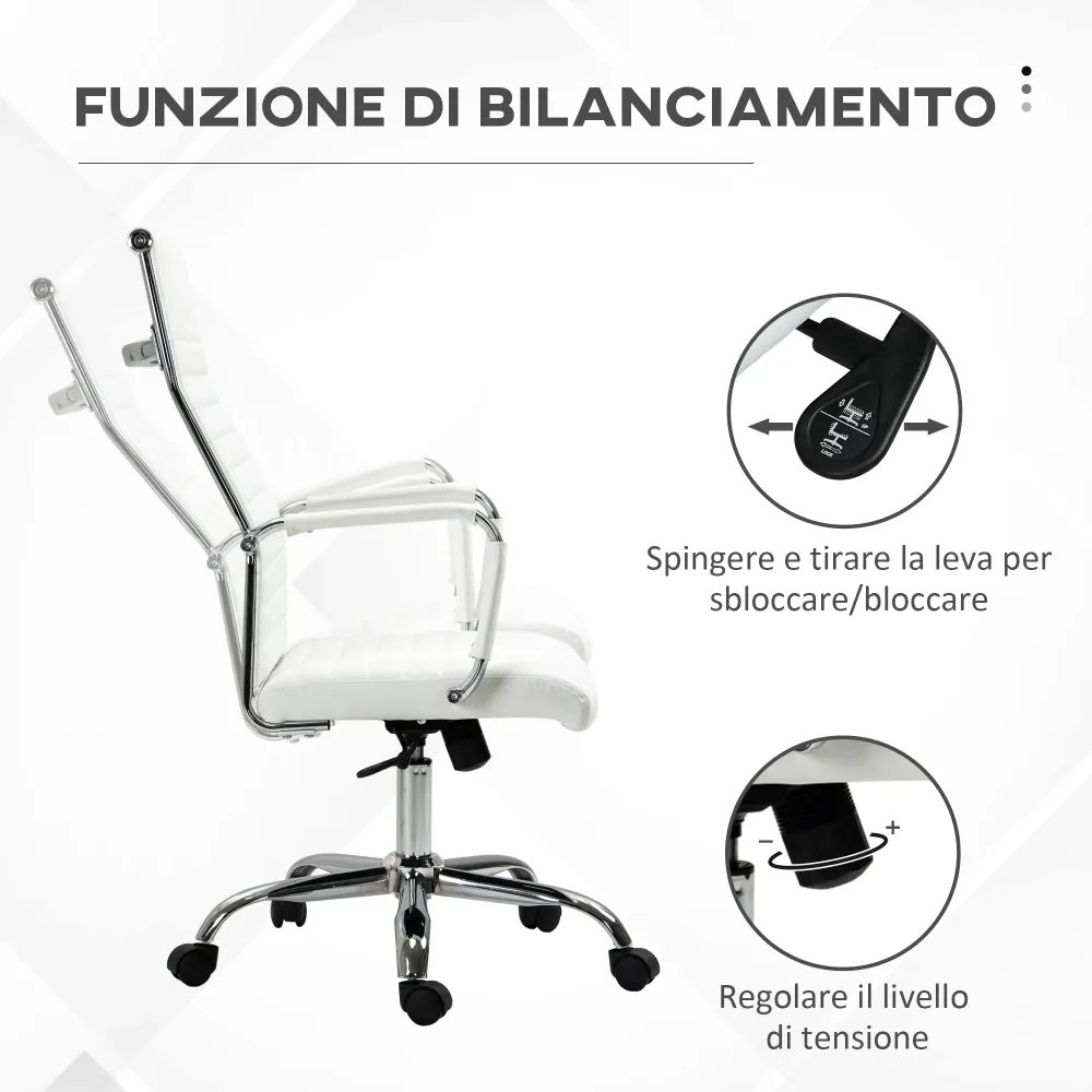 Sedia da Ufficio Ergonomica Funzione Dondolo 54x62x104-114 cm Finta Pelle Bianco