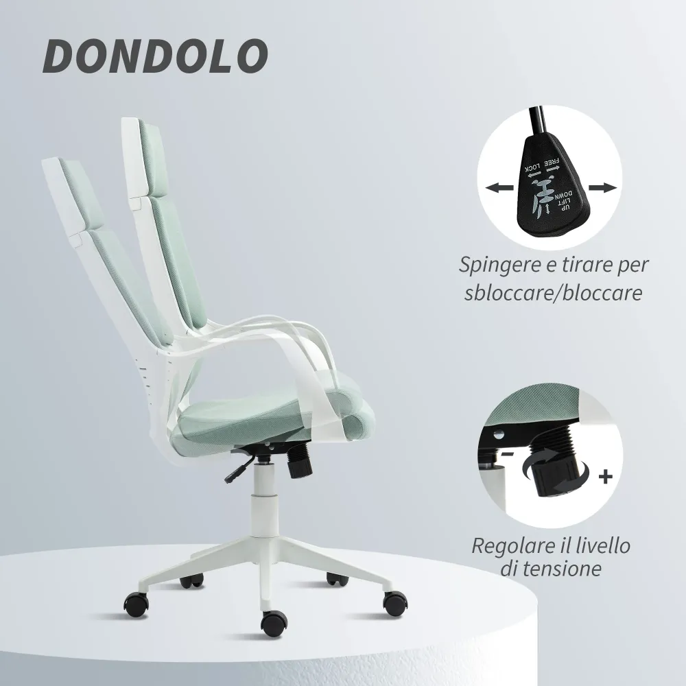 Sedia da Ufficio Operativa 63x63x117-127 cm Seduta Girevole e Dondolo Tessuto Rete Verde