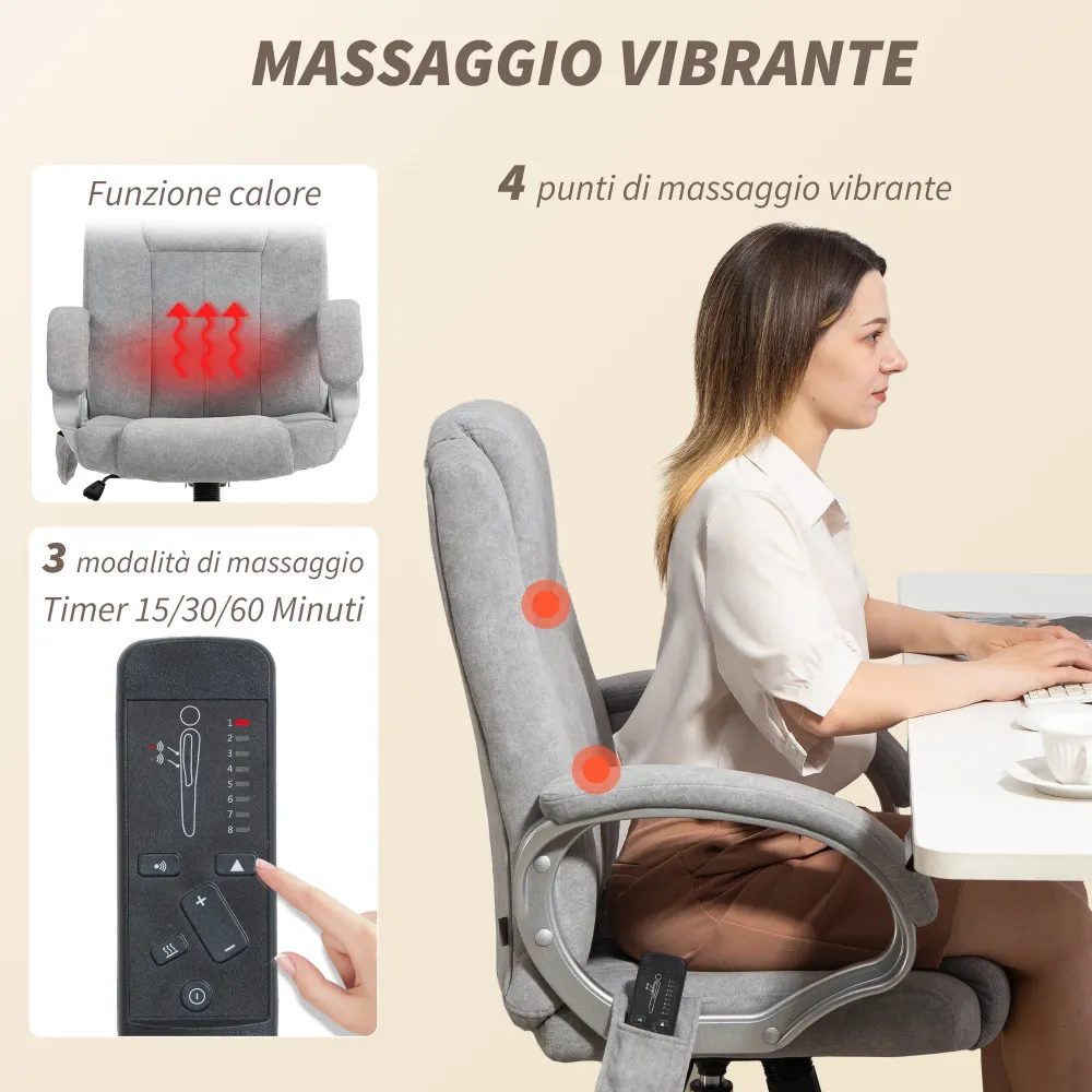 Sedia da Ufficio Operativa Massaggiante 4 Punti con Riscaldamento 65x70x111-119 cm Tessuto Vellutato Grigio