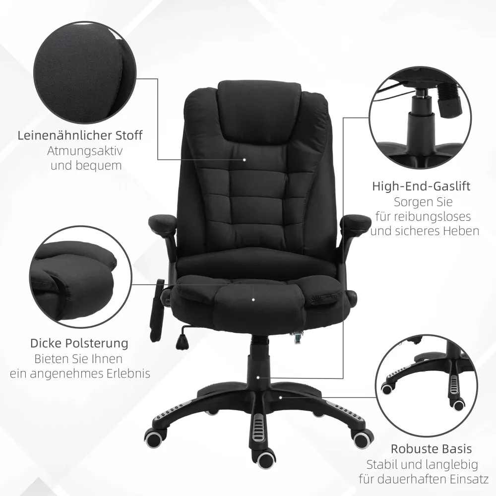 Sedia da ufficio poltrona massaggiante funzione calore regolabile altezza ergonomica nera, 68x72x110-120 cm