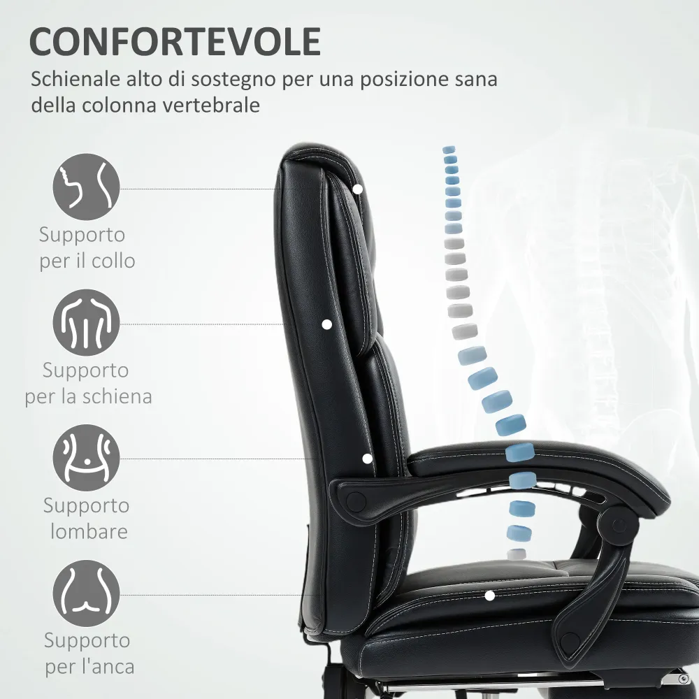 Sedia da Ufficio Reclinabile con Poggiapiedi Estraibile Pelle PU Capacità 120 kg Nero