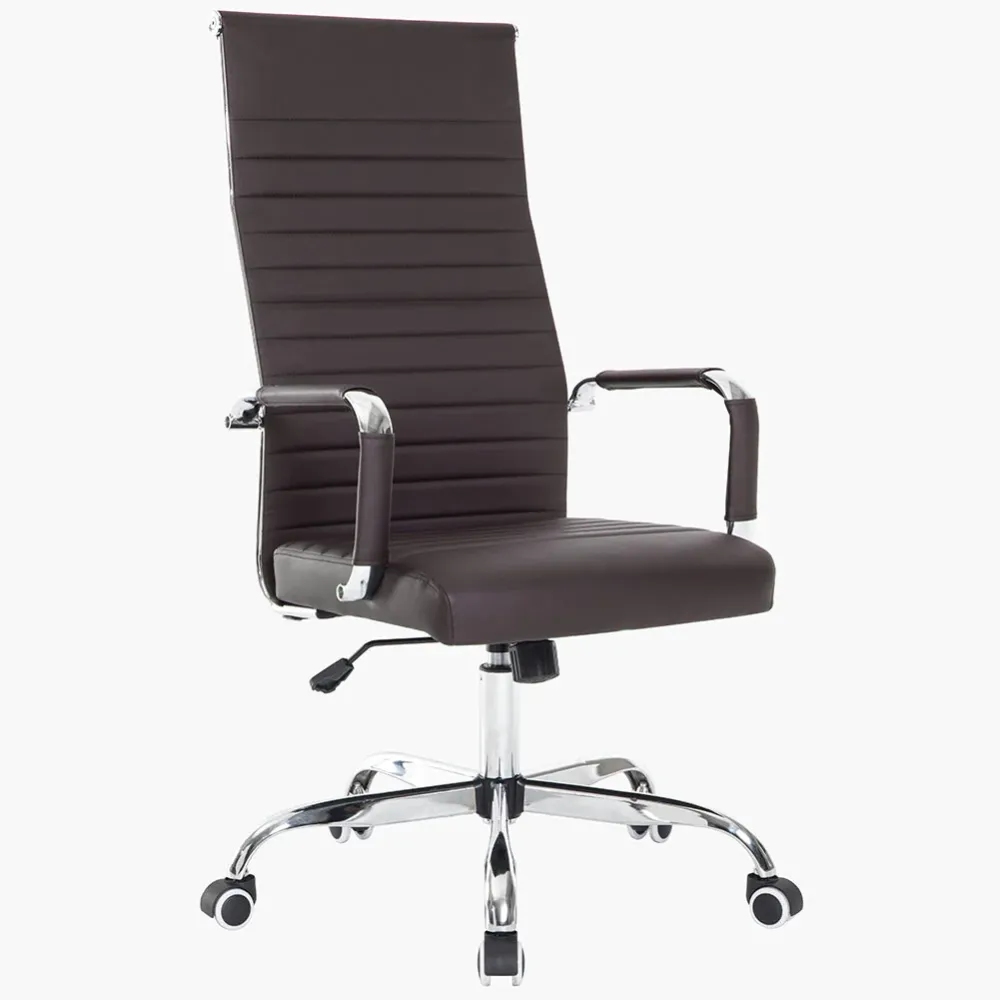 Sedia da Ufficio Simil Pelle Marrone Poltrona Scrivania Girevole Base Cromata