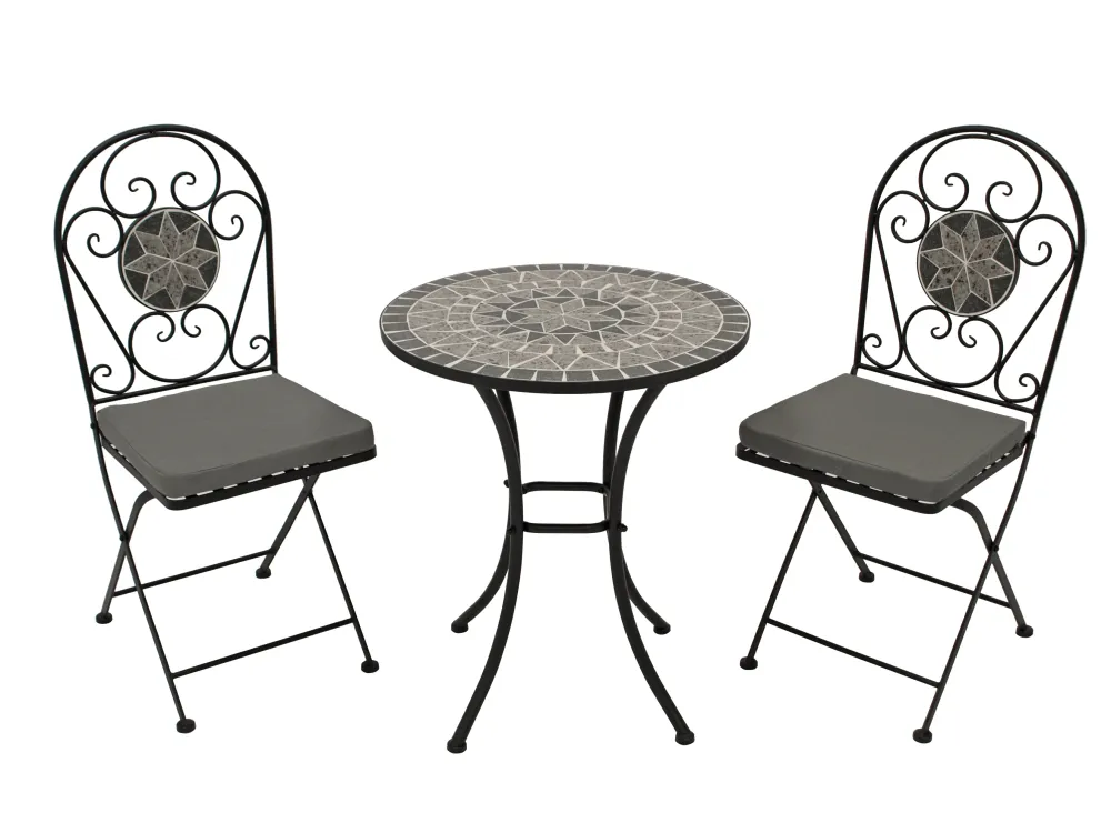 Set bistrot SIENA 3 pezzi, ferro nero + mosaico grigio/bianco