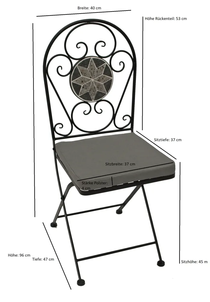 Set bistrot SIENA 3 pezzi, ferro nero + mosaico grigio/bianco