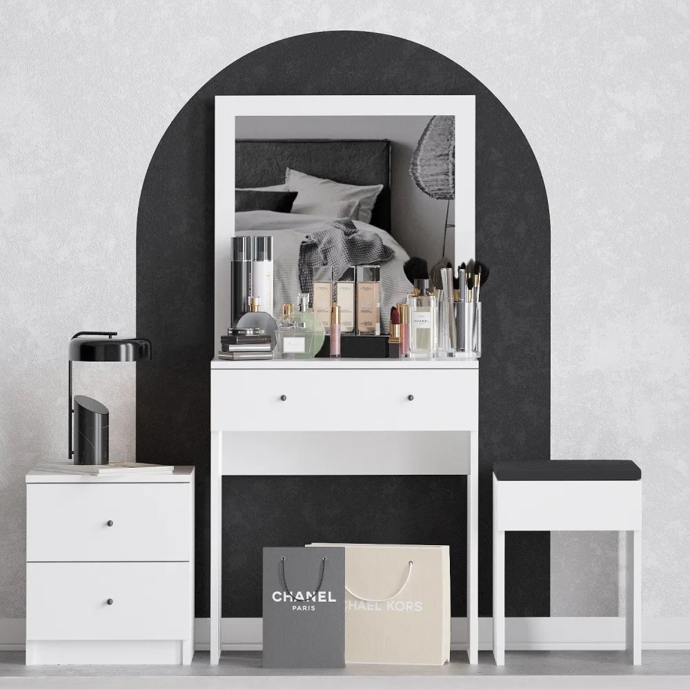 Set consolle da trucco con specchio sgabello e cassettiera colore bianco
