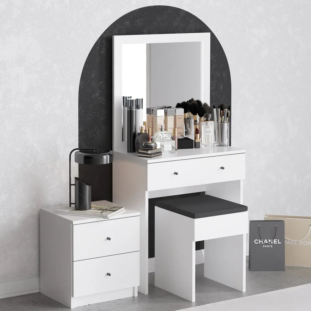 Set consolle da trucco con specchio sgabello e cassettiera colore bianco