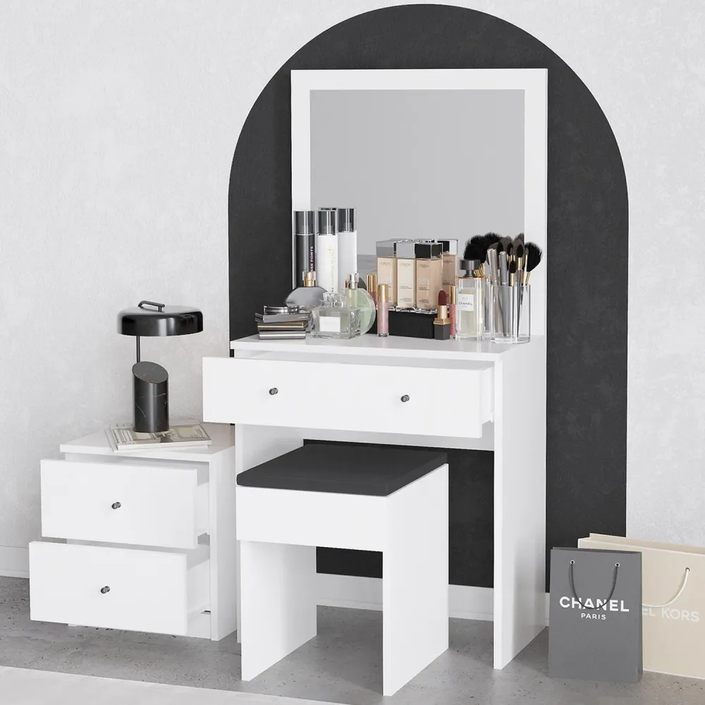 Set consolle da trucco con specchio sgabello e cassettiera colore bianco