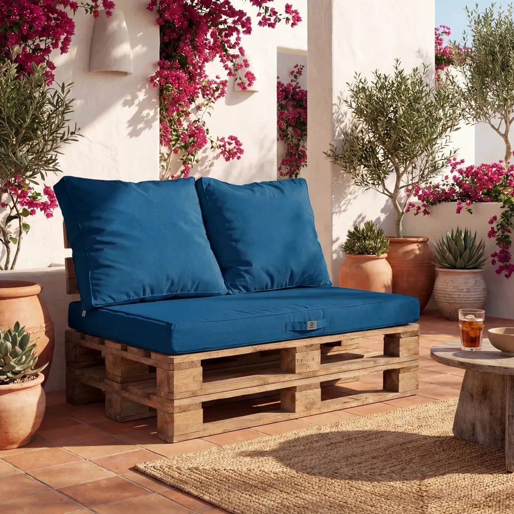 Set Cuscini Pallet Sfoderabili 120x80 Blu Petrolio - Impermeabile & Extérieur (1 Seduta + 2 Schienali)
