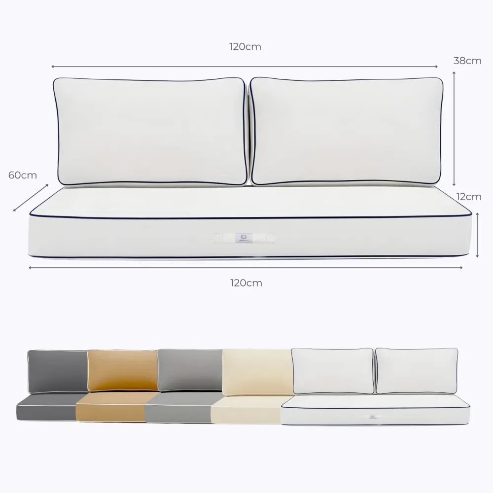 Set Cuscini Premium 120x60 Bianco - 1 Seduta + 2 Schienali (Spesso 12cm & Passepoil)