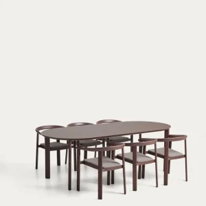 Set Erice con 6 sedie impilabili alluminio e corda e tavolo alluminio e vetro temperato marrone, 230 x 100 cm