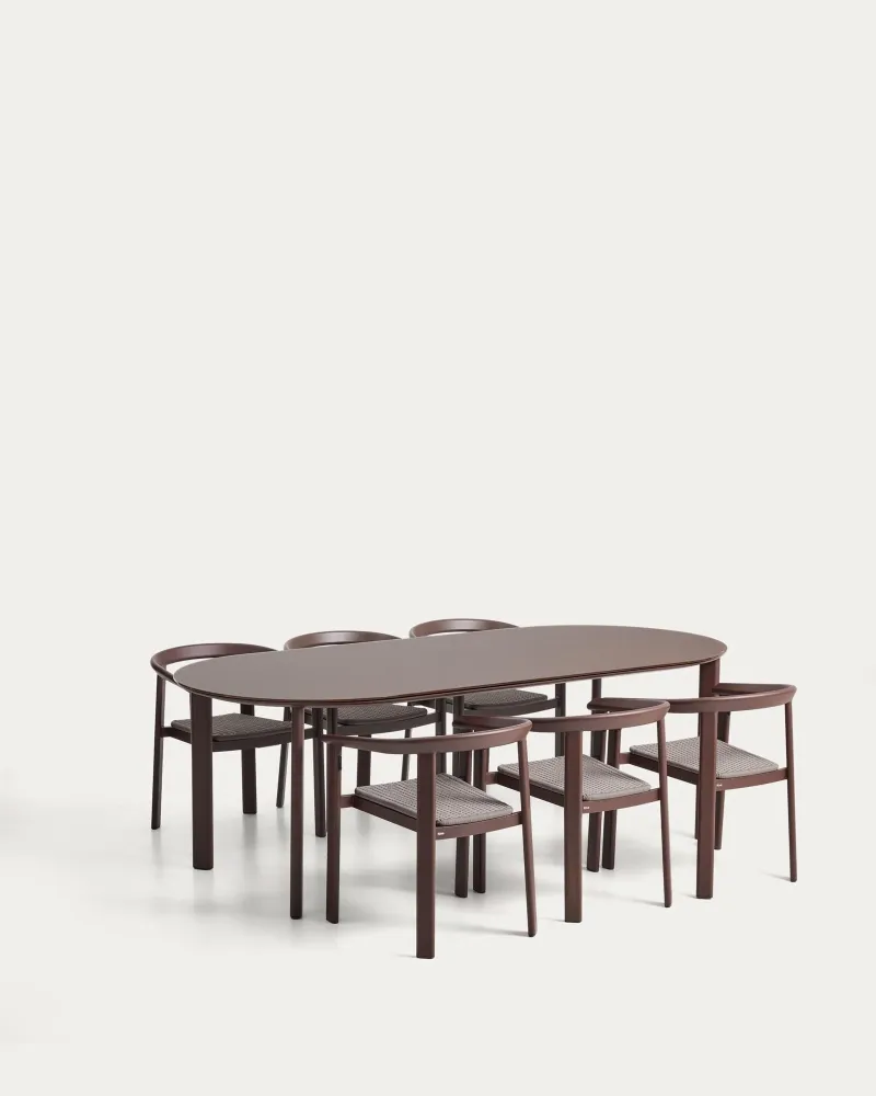 Set Erice con 6 sedie impilabili alluminio e corda e tavolo alluminio e vetro temperato marrone, 230 x 100 cm