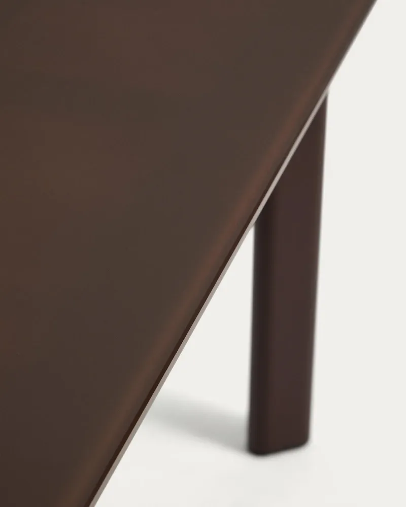 Set Erice con 6 sedie impilabili alluminio e corda e tavolo alluminio e vetro temperato marrone, 230 x 100 cm