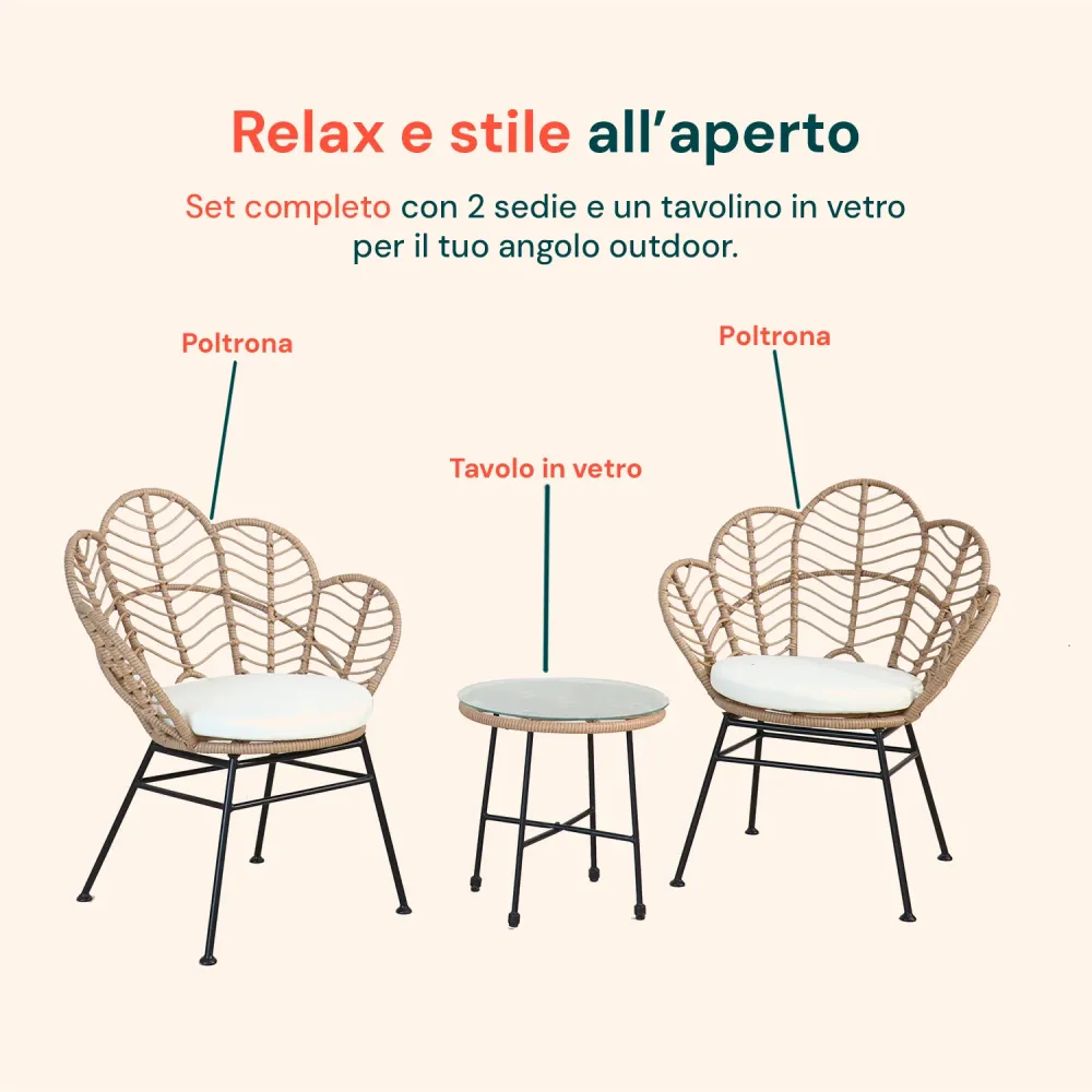 Set Fiji Salotto Con Tavolino Vetro E 2 Sedie Polyrattan