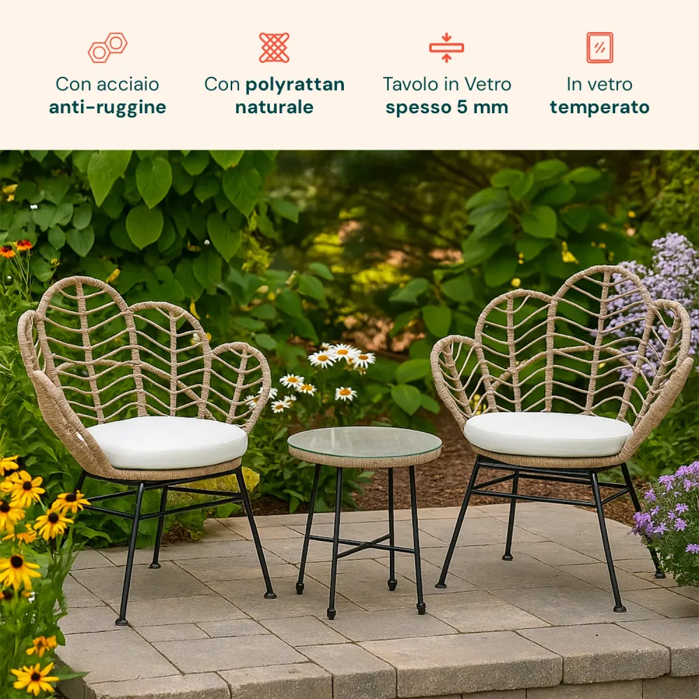 Set Fiji Salotto Con Tavolino Vetro E 2 Sedie Polyrattan