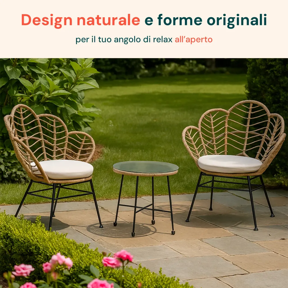 Set Fiji Salotto Con Tavolino Vetro E 2 Sedie Polyrattan