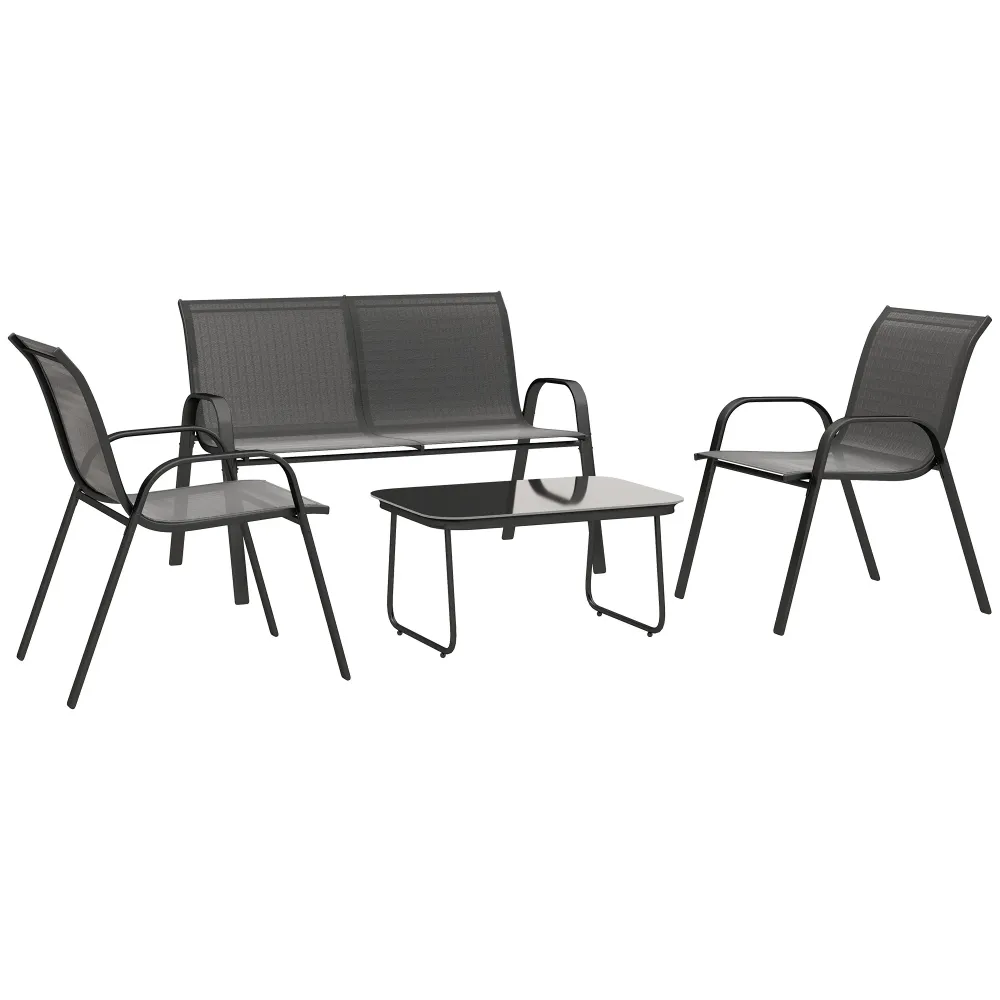 Set da Giardino con Divano 2 Poltrone Impilabili e Tavolino Vetro Nero