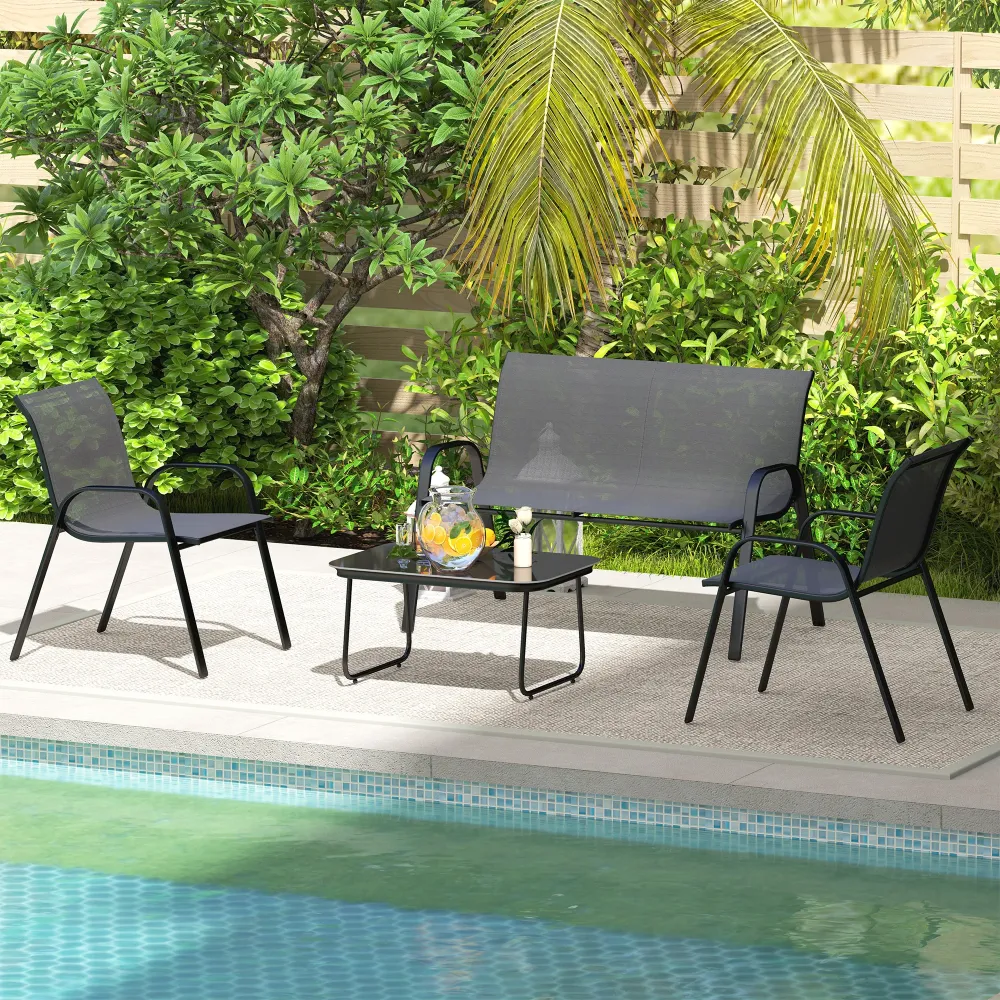 Set da Giardino con Divano 2 Poltrone Impilabili e Tavolino Vetro Nero