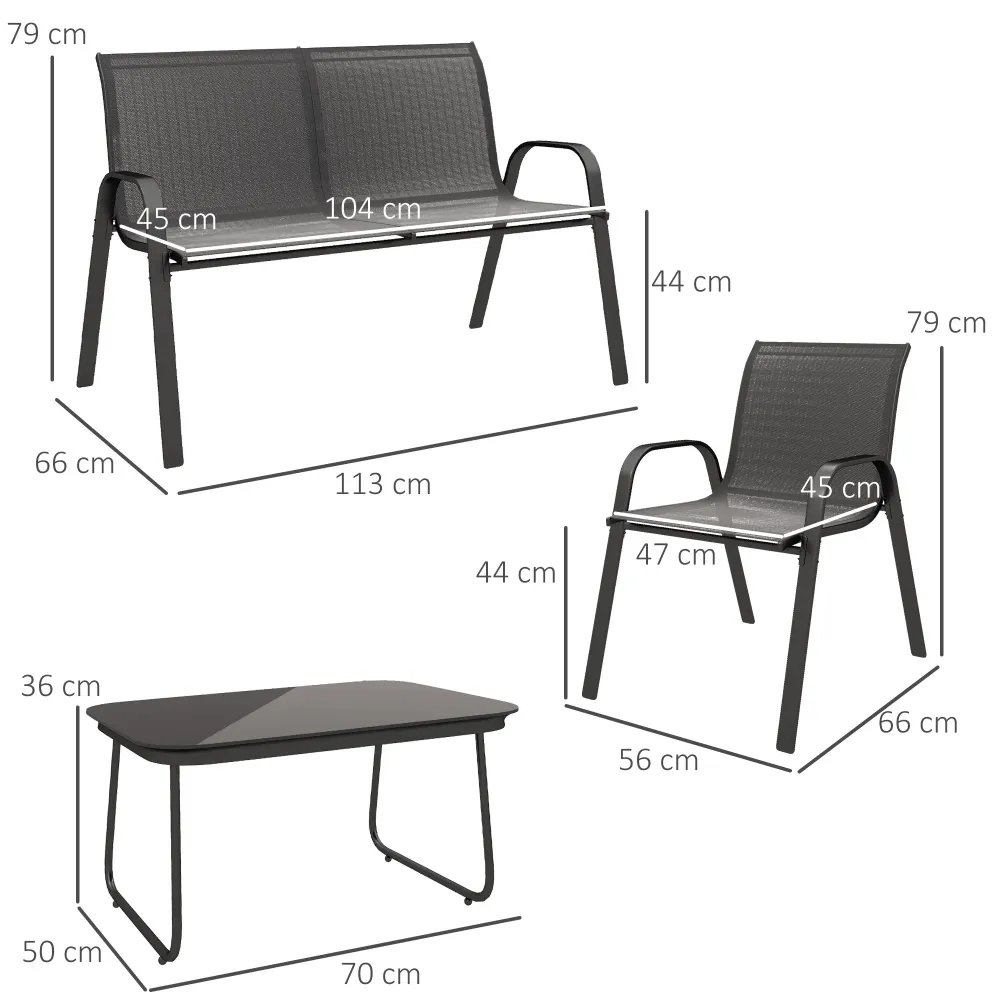 Set da Giardino con Divano 2 Poltrone Impilabili e Tavolino Vetro Nero