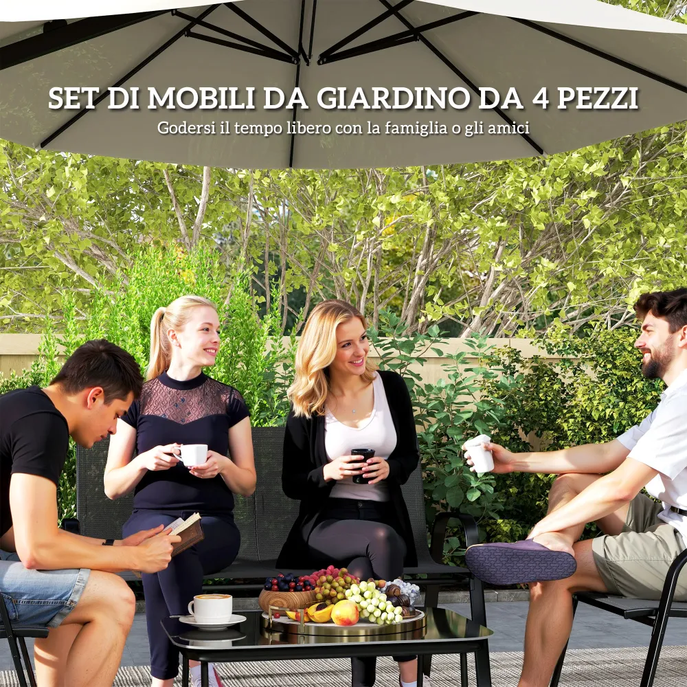 Set da Giardino con Divano 2 Poltrone Impilabili e Tavolino Vetro Nero