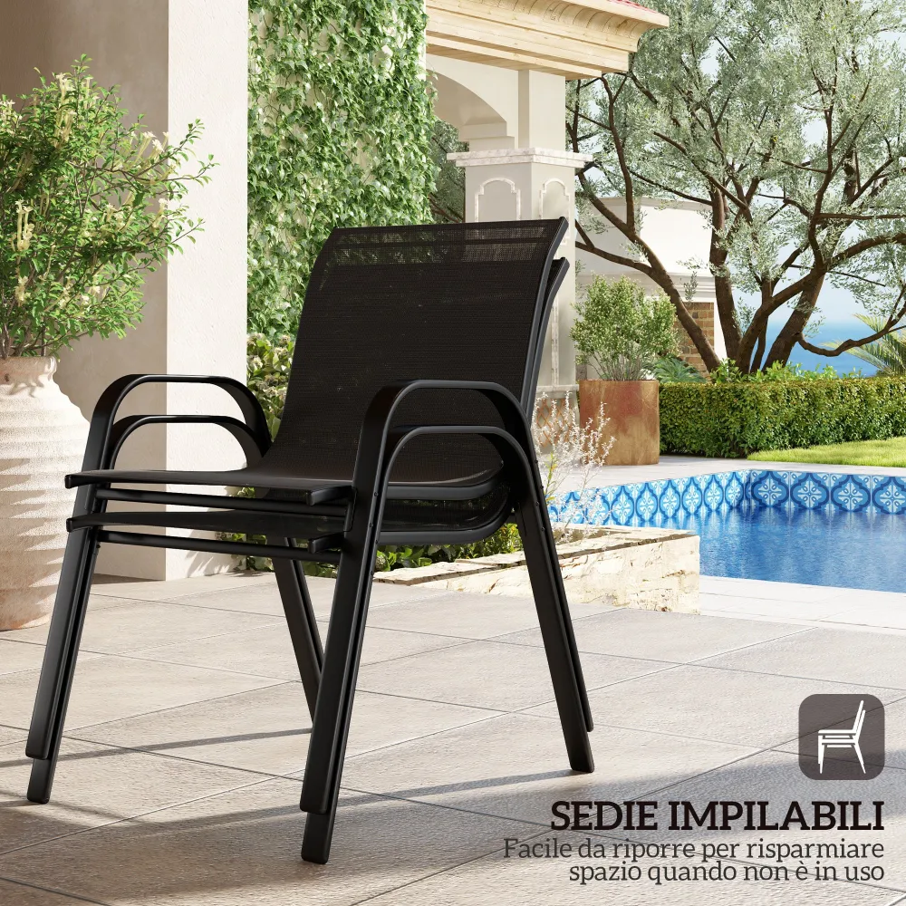Set da Giardino con Divano 2 Poltrone Impilabili e Tavolino Vetro Nero
