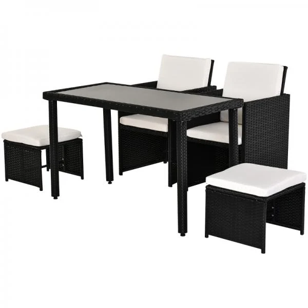 Set da giardino con seduta polyrattan da 5 pezzi, gruppo da pranzo con cuscini, nero