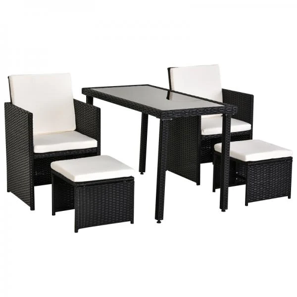 Set da giardino con seduta polyrattan da 5 pezzi, gruppo da pranzo con cuscini, nero