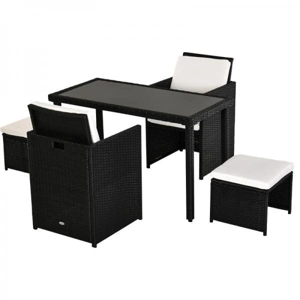 Set da giardino con seduta polyrattan da 5 pezzi, gruppo da pranzo con cuscini, nero