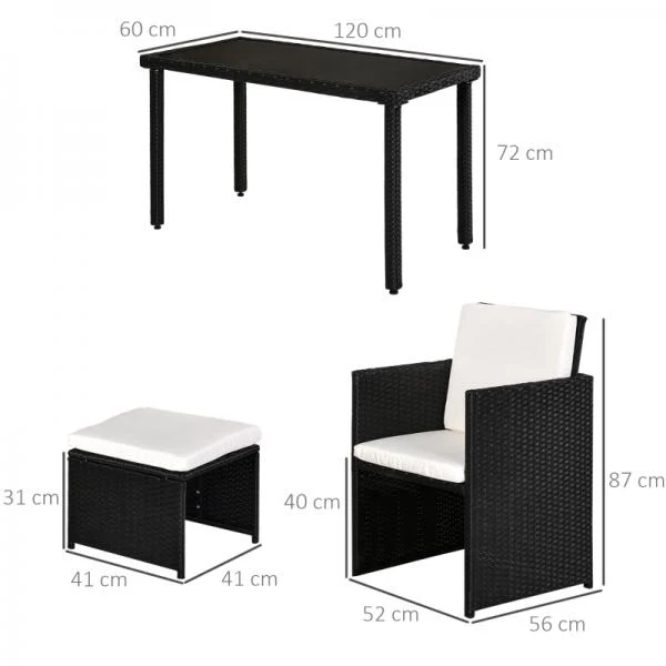 Set da giardino con seduta polyrattan da 5 pezzi, gruppo da pranzo con cuscini, nero