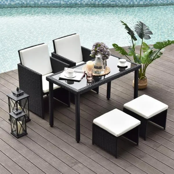 Set da giardino con seduta polyrattan da 5 pezzi, gruppo da pranzo con cuscini, nero