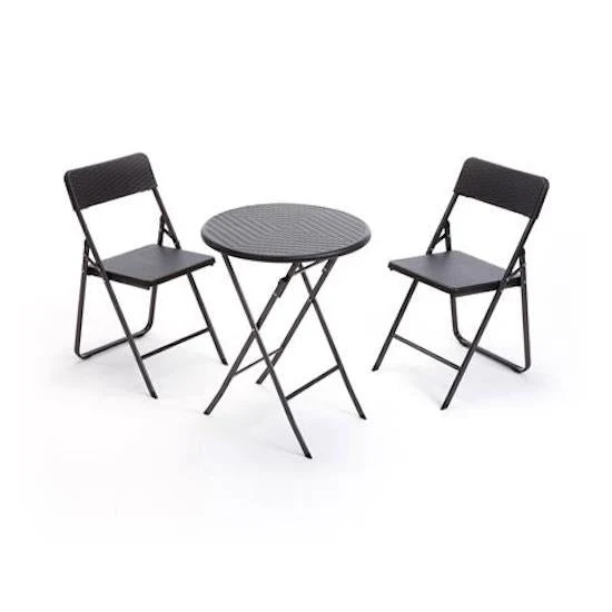 Set da Giardino Pieghevole Polietilene 2 Sedie e Tavolo Rotondo Taddei Plastik Rattan 60 Nero