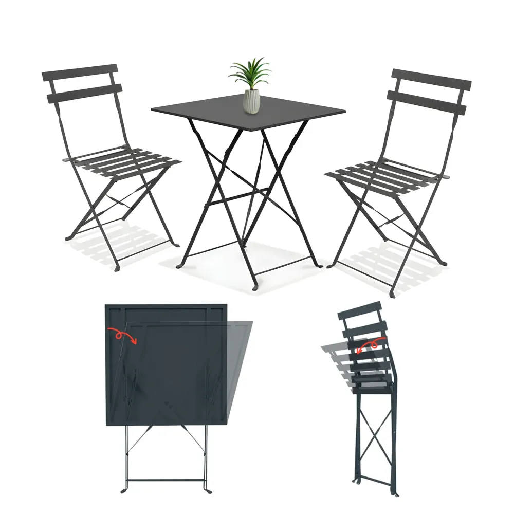 Set Koby Salotto Con Tavolo E 2 Sedie Pieghevoli Metallo Antracite