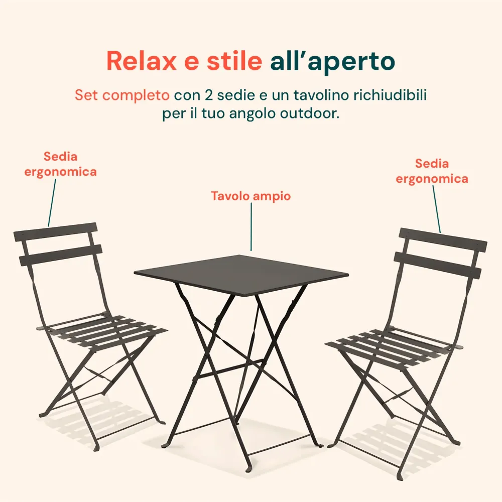 Set Koby Salotto Con Tavolo E 2 Sedie Pieghevoli Metallo Antracite