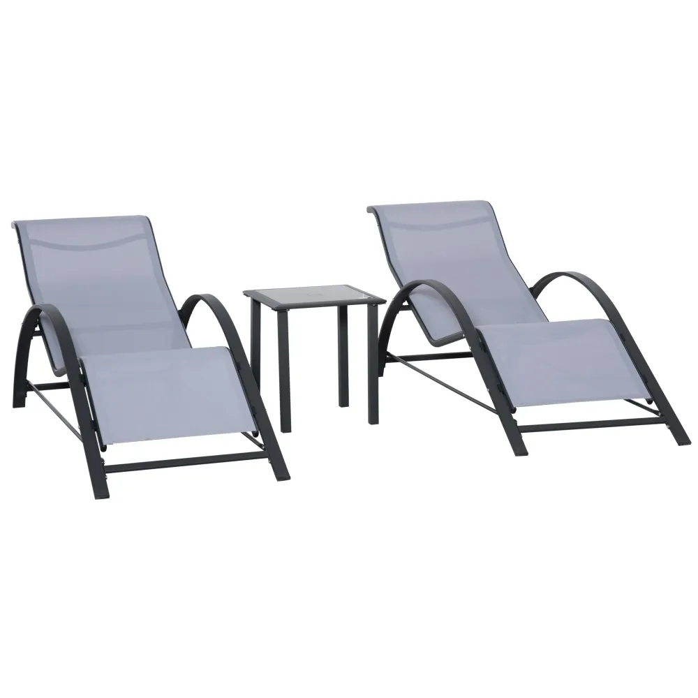 Set di 2 Lettini Prendisole 59x169x66 cm e Tavolino con Piano Vetro Grigio Chiaro