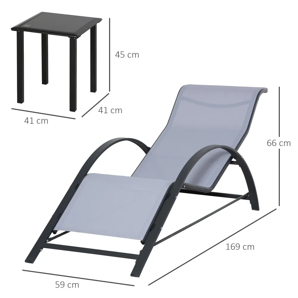 Set di 2 Lettini Prendisole 59x169x66 cm e Tavolino con Piano Vetro Grigio Chiaro
