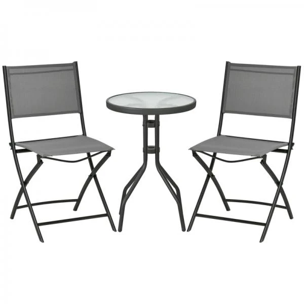 Set di mobili da giardino, 3 pezzi, tavolo rotondo, due sedie pieghevoli, struttura acciaio, grigio