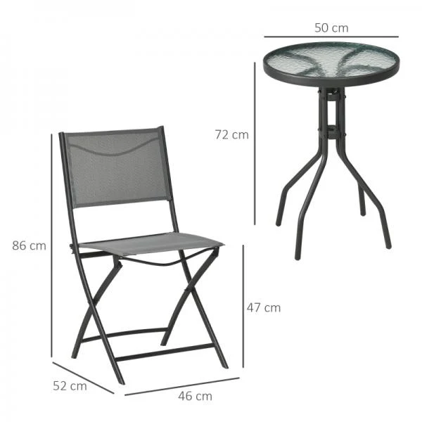 Set di mobili da giardino, 3 pezzi, tavolo rotondo, due sedie pieghevoli, struttura acciaio, grigio