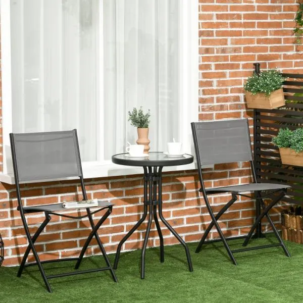 Set di mobili da giardino, 3 pezzi, tavolo rotondo, due sedie pieghevoli, struttura acciaio, grigio