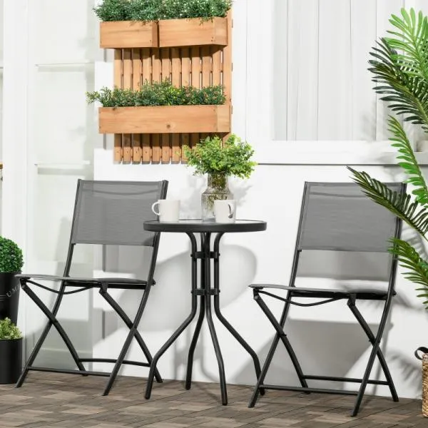 Set di mobili da giardino, 3 pezzi, tavolo rotondo, due sedie pieghevoli, struttura acciaio, grigio