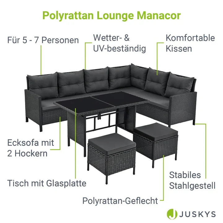 Set di mobili da giardino polyrattan Manacor Lounge Nero/Grigio