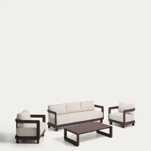 Set Nerano con divano 3 posti, 2 poltrone e tavolino vetro temperato e alluminio brown