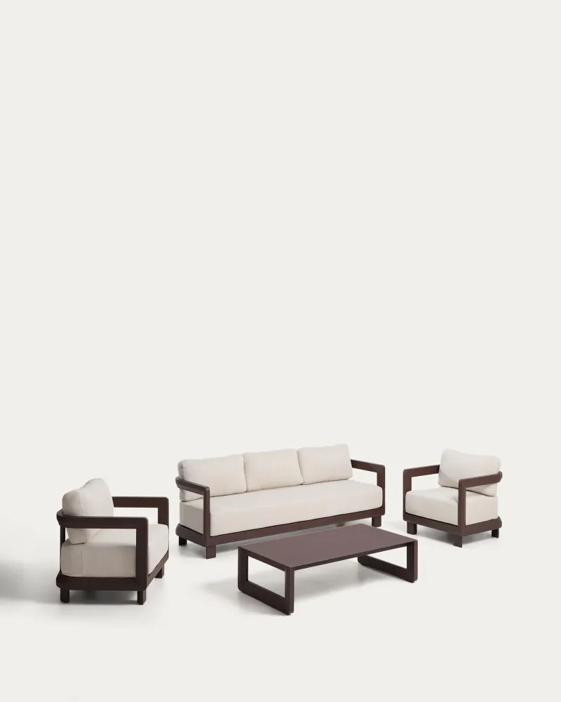 Set Nerano con divano 3 posti, 2 poltrone e tavolino vetro temperato e alluminio brown