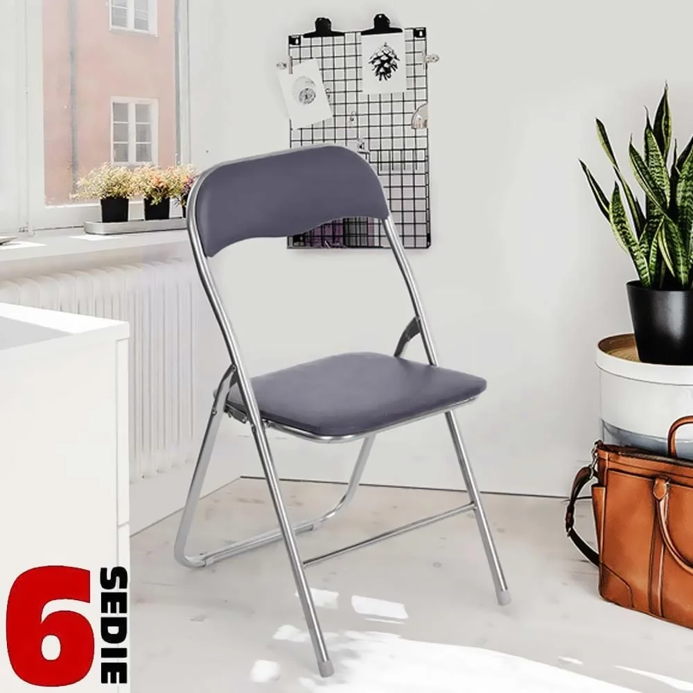 Set 6 Pezzi Sedie Imbottite Pieghevoli Salvaspazio Sedia Struttura Metallo Grigio