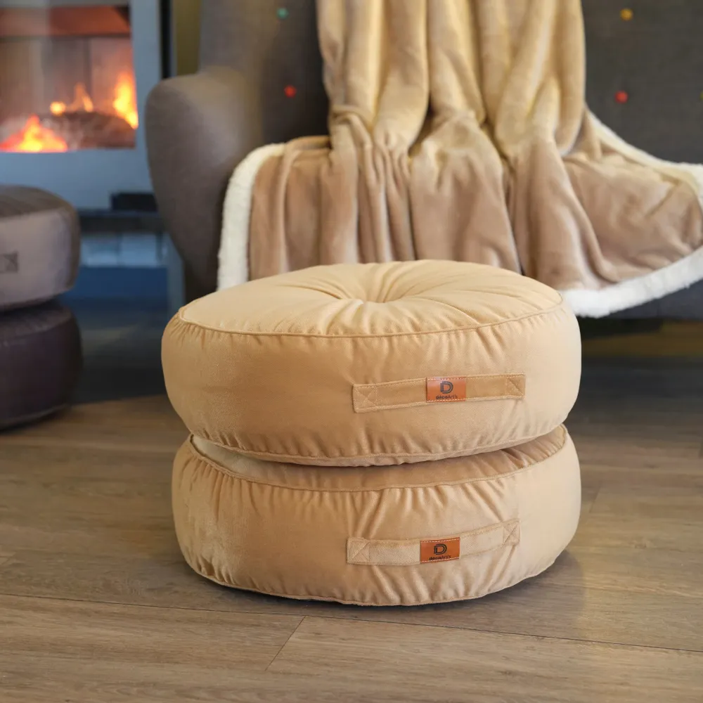 Set di 2 Pouf Rotondi Velluto XL Ø60 Beige - (Gran Comfort e Maniglia)