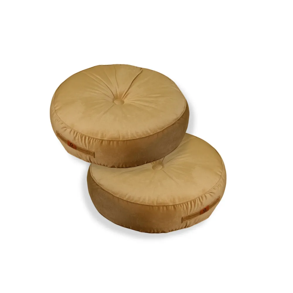 Set di 2 Pouf Rotondi Velluto XL Ø60 Beige - (Gran Comfort e Maniglia)