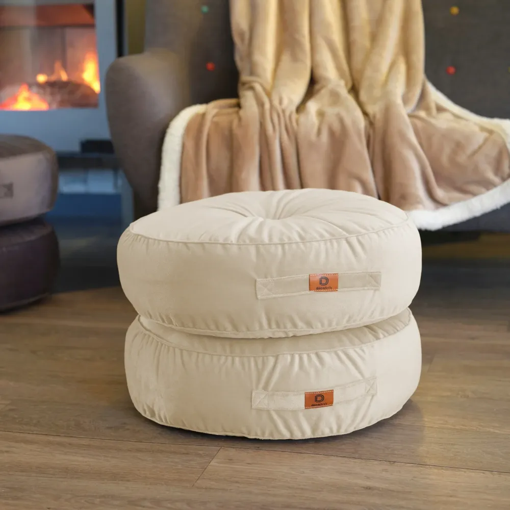 Set di 2 Pouf Rotondi Velluto XL Ø60 Crema - (Gran Comfort e Maniglia)