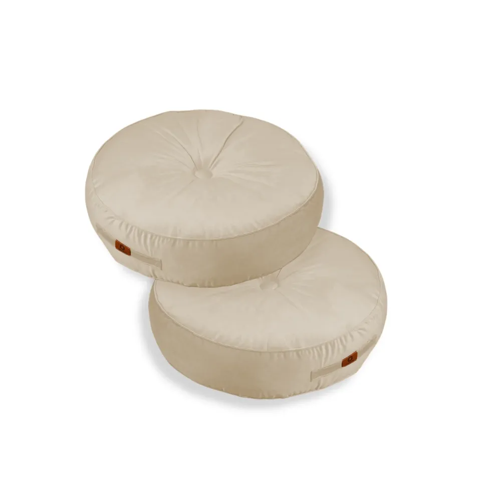Set di 2 Pouf Rotondi Velluto XL Ø60 Crema - (Gran Comfort e Maniglia)
