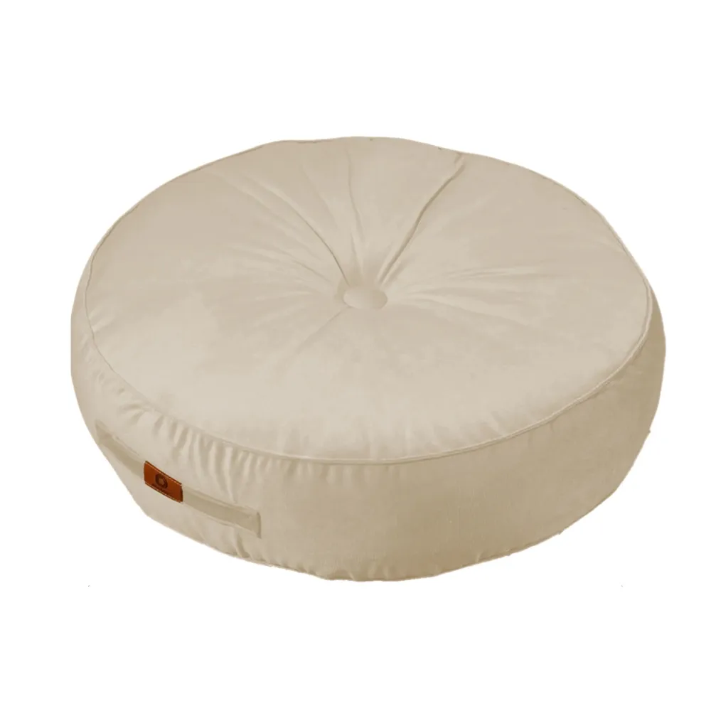 Set di 2 Pouf Rotondi Velluto XL Ø60 Crema - (Gran Comfort e Maniglia)