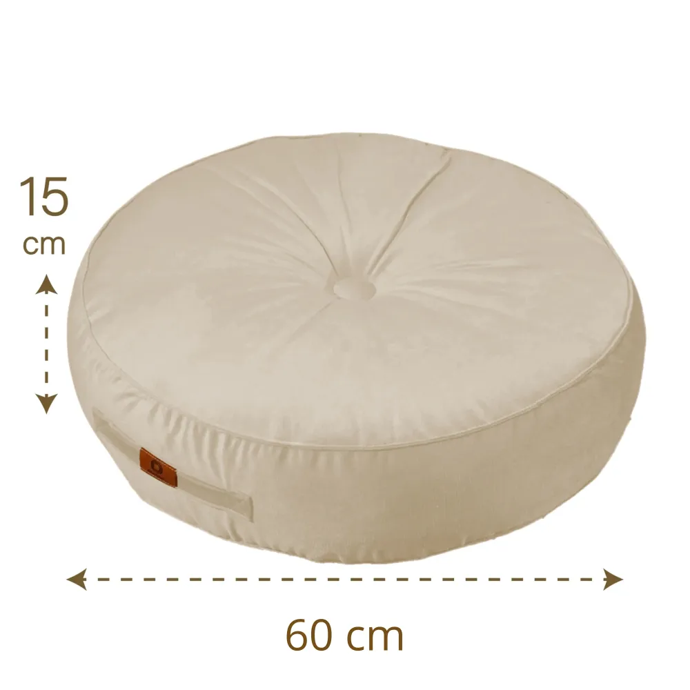 Set di 2 Pouf Rotondi Velluto XL Ø60 Crema - (Gran Comfort e Maniglia)